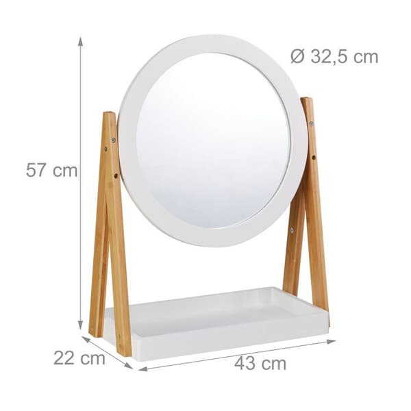 Relaxdays Kosmetikspegel, roterande, med förvaring för smink, bordsspegel ∅ 32,5 cm, bambu, vit-natur.