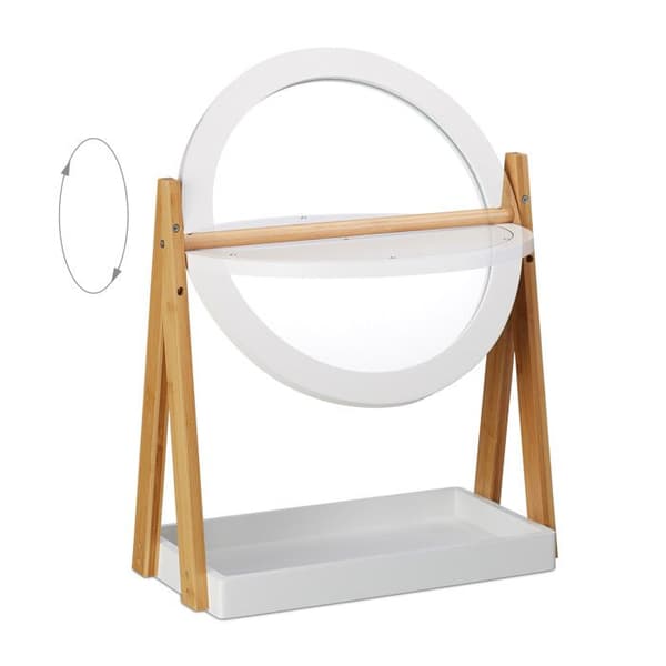 Relaxdays Kosmetikspegel, roterande, med förvaring för smink, bordsspegel ∅ 32,5 cm, bambu, vit-natur.