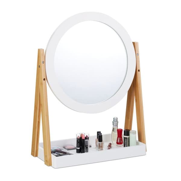 Relaxdays Kosmetikspegel, roterande, med förvaring för smink, bordsspegel ∅ 32,5 cm, bambu, vit-natur.