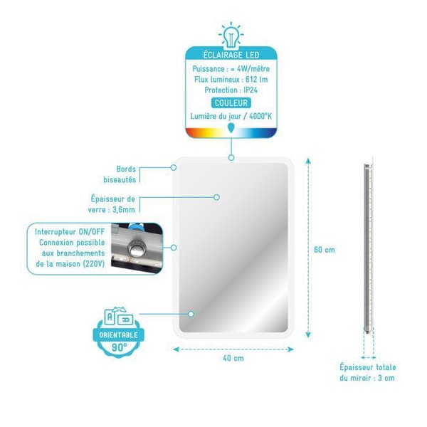 Badspegel - GO LED - 40x60cm - LED-belysning - Aluminium - IP24