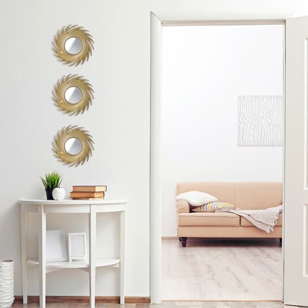 Relaxdays Set med 3 speglar, rund form solmotiv, diameter 25 cm, inredning, plastram, gyllene