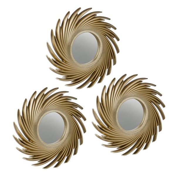 Relaxdays Set med 3 speglar, rund form solmotiv, diameter 25 cm, inredning, plastram, gyllene