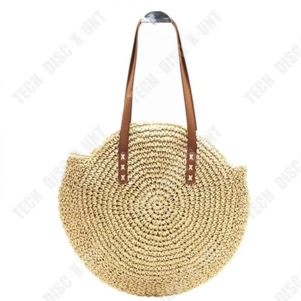 TD® Beige rund halm handvävd handväska axelväska strandväska dam sommarresor