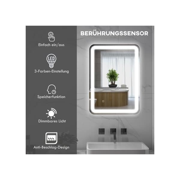 kleankin LED-badrumsspegel, 50 x 70 cm, med 3 ljusfärger och beröringsbrytare, IP44