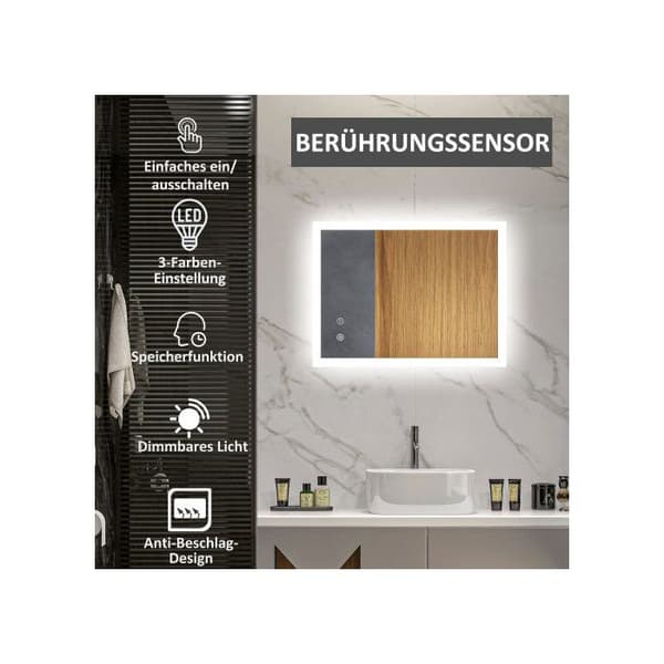 Kleankin Badrumsspegel med LED-belysning, 70x50 cm, 3 färgade ljus, IP44 vattentålig