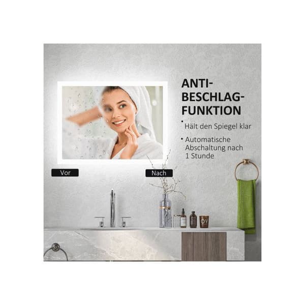 Kleankin Badrumsspegel med LED-belysning, 70x50 cm, 3 färgade ljus, IP44 vattentålig