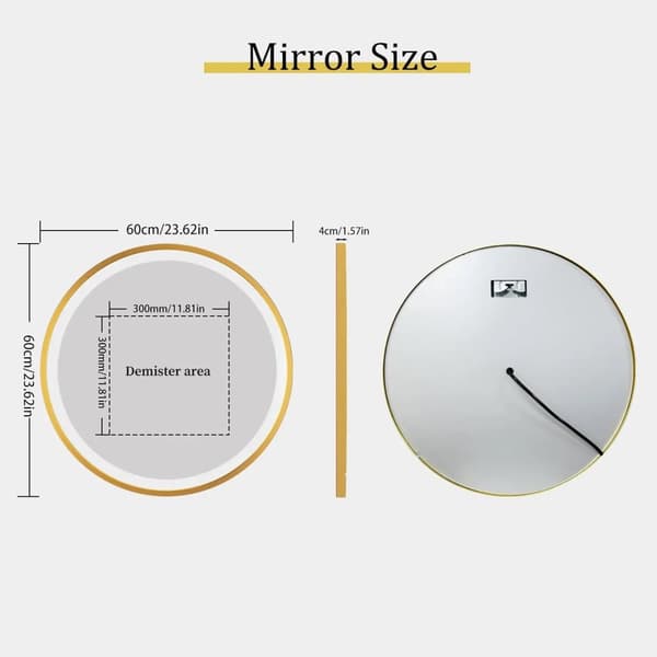 Rund LED-badrumsspegel, Guldram, Antimolnfunktion,600x600mm