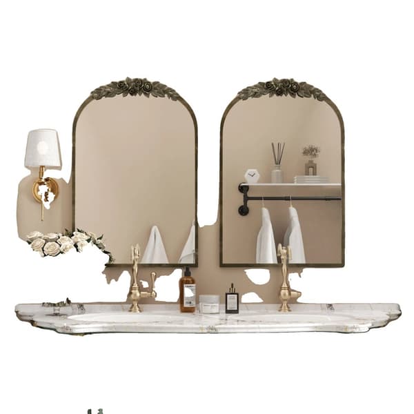 Bågformad Väggspegel, Barockstil, Messing Guldfinish,Brons Guld, 60,5x91,6 cm