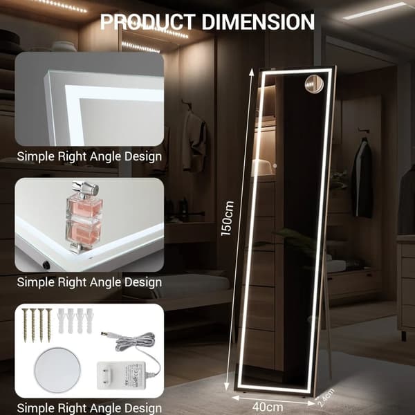 Heltäckande LED-spegel, belyst design, modern rektangulär form,H 150x40 cm