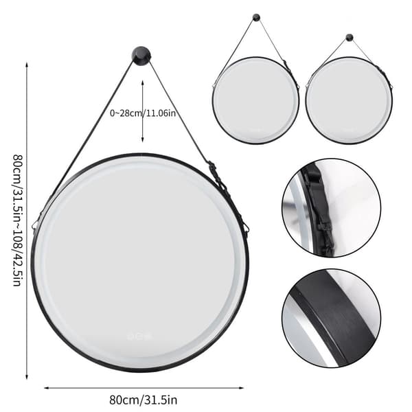 Rund LED-opplyst badeværelsesspejl, berøringssensor, anti-dug funktion,Sort 80CM