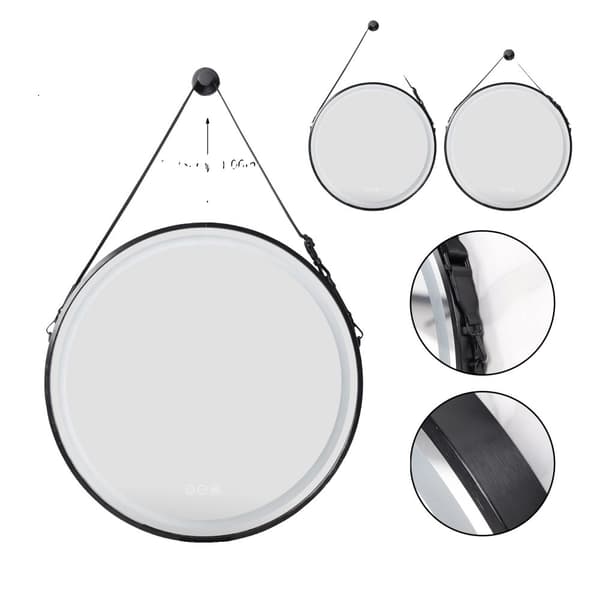 Rund LED-opplyst badeværelsesspejl, berøringssensor, anti-dug funktion,Sort 80CM