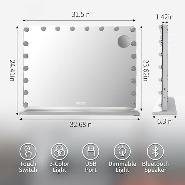 Hollywood Makeup Spejl, 20 Dæmpbare LED-lys, Bluetooth Højttalere, 31,5x24,4 Tommer