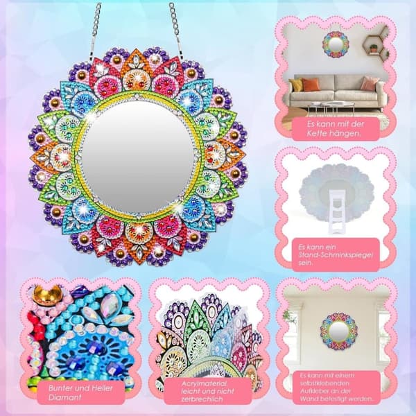 Lollanda Special Mandala Diamond Painting Kit DIY Makeup Mirror Diamantmålning för barn i åldrarna 5-12 Födelsedagspresenter
