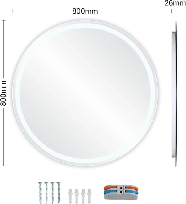 Badrumsspegel, LED-belysning, dimmafria funktion, beröringssensor,Tly Rund 80cm