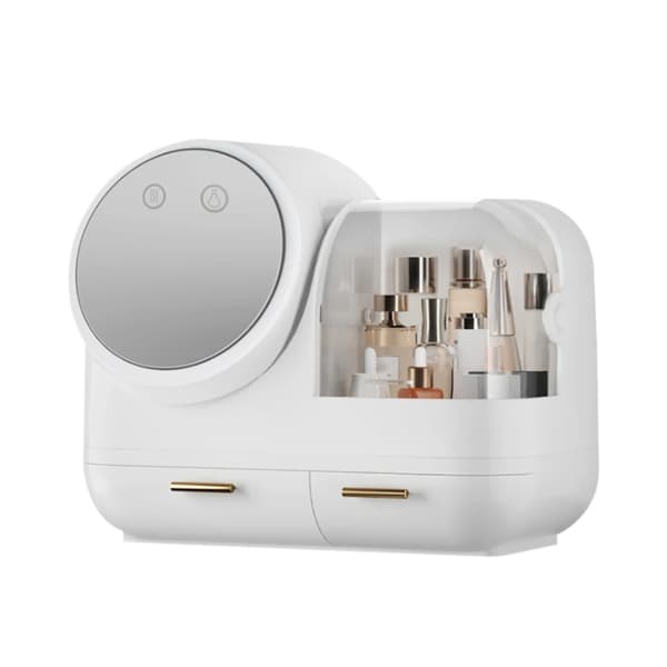 Makeuporganisatör, roterande LED-spegel, dammskyddad förvaring, USB-laddning,VIT