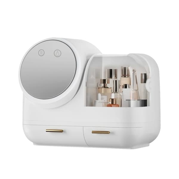 Makeuporganisatör, roterande LED-spegel, dammskyddad förvaring, USB-laddning,VIT