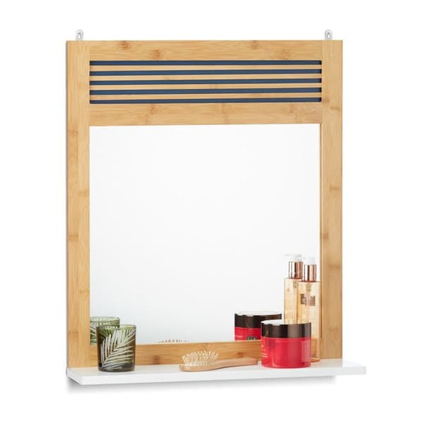 Relaxdays Väggspegelhylla, Träbalkspegel, Hall, Badrum, Bambu, HLP 61 x 53 x 15 cm, Natur/Vit