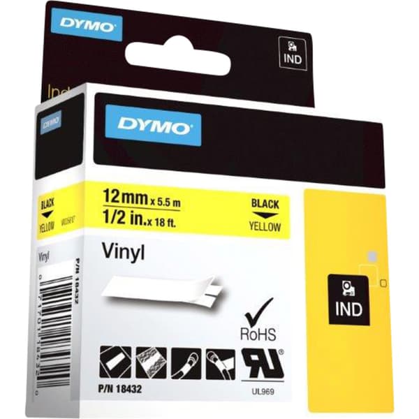 Dymo Rhino 12mm Vinyl sort på gul