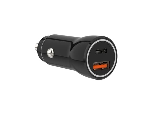 Sinox 12V dubbel USB-bilsladdare. USB A 18W + USB C 20W. Svart