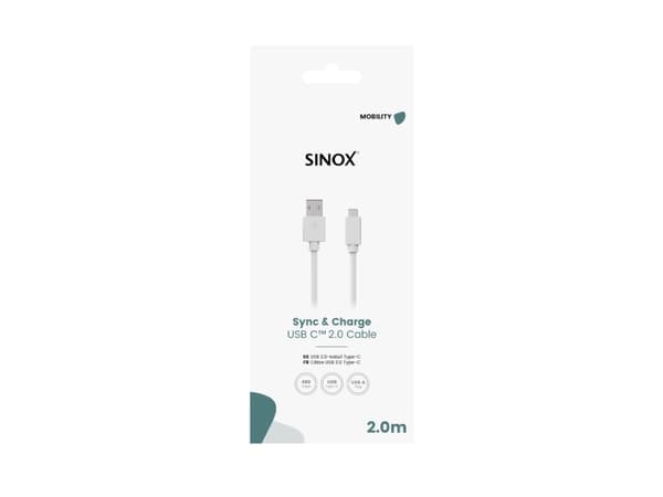 Sinox USB C till USB A kabel. 2m. Vit