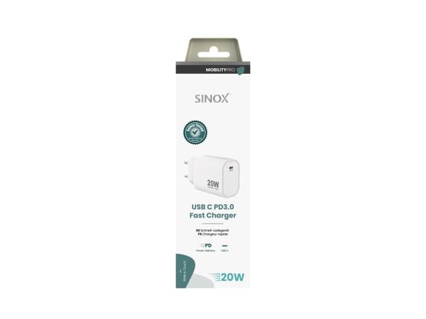 Sinox PRO 230V USB-C PD-laturi 20W. Valkoinen