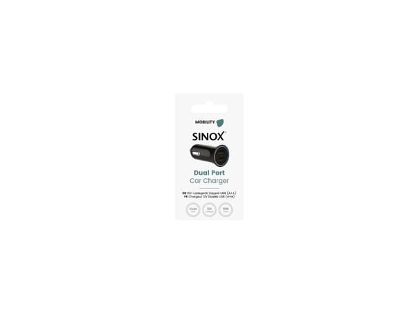 Sinox 12V dobbelt USB A biloplader. 2,4A. Sort