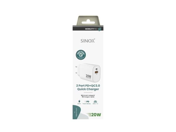 Sinox PRO 230V USB-A+USB-C laddare 20W. Vit