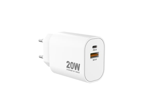 Sinox PRO 230V USB-A+USB-C laddare 20W. Vit