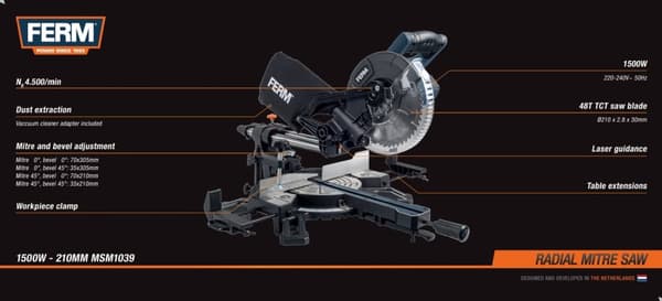 FERM MSM1039 Radial kap og geringssav 1500W - Ø210mm – DIY