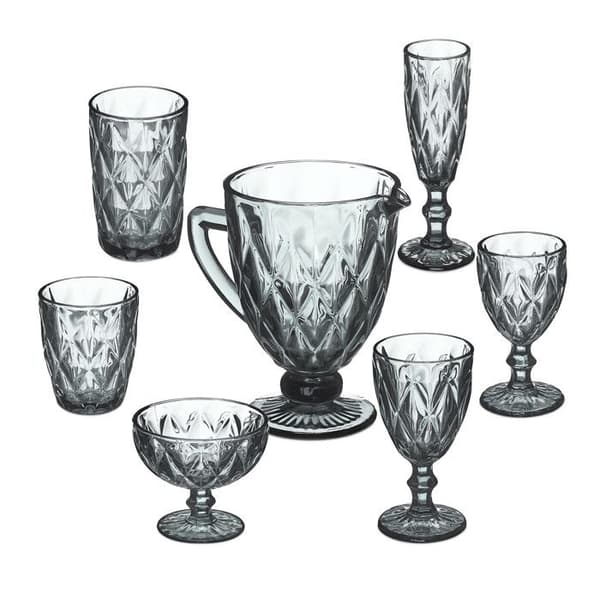 Relaxdays Sats 7 glas, kanna, glasskål, 2 vatten- och vinglas, diskmaskinsvänliga, grå