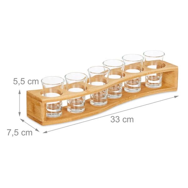 Relaxdays Shotbricka, set med 6 glas, 4 cl, böjd stöd, presentidé, bambu, natur