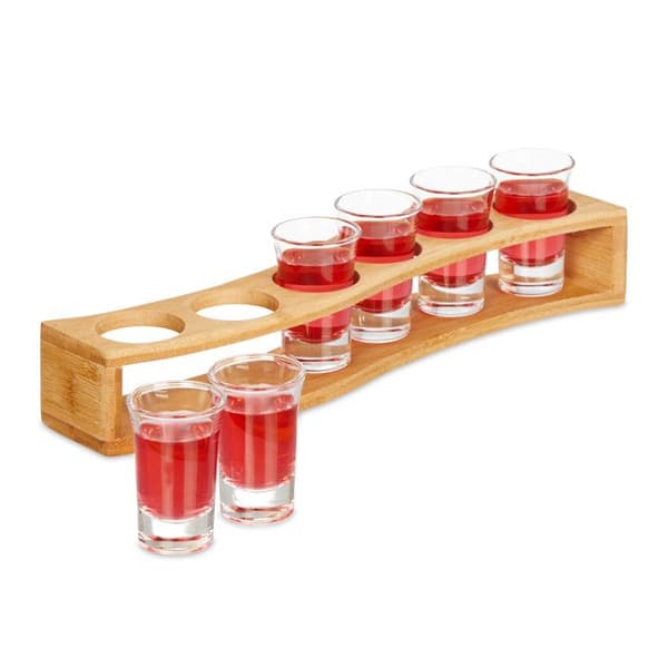 Relaxdays Shotbricka, set med 6 glas, 4 cl, böjd stöd, presentidé, bambu, natur