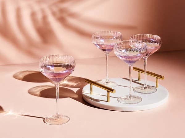 Champagneglas klar 4 dele sæt konveks iriserende glas 30 cl mundblæst ribbet retro moderne stil