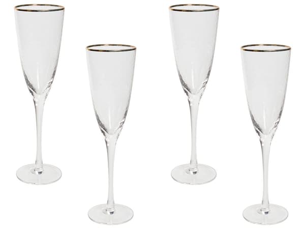 Sett med 4 Transparente Håndblåste Champagneglass 25 cl 4-delt Sett med Gullkantet