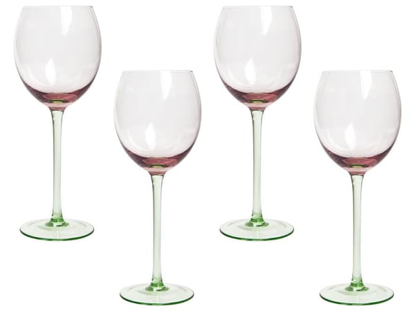 Sett med 4 Rødvinsglass Fløyter Rosa Grønne Transparente Håndblåste 36 cl