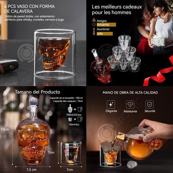INN Skull Skull Karaff 700 ml och 6 whiskyglas 75 ml Whisky Decanter Vinglas för alla hjärtans dag och fars dag present