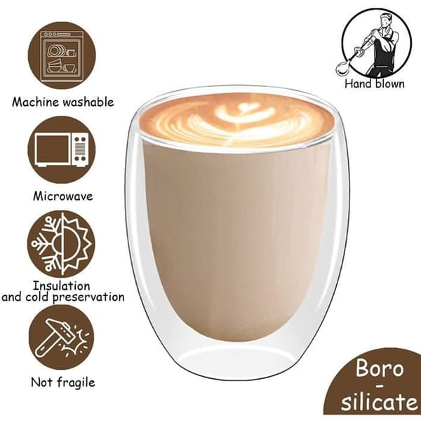 Kaffe/espressokopp - CHANGM - Set med 8 - Borosilikatglas - 4x80ml + 4x250ml - Isolerad