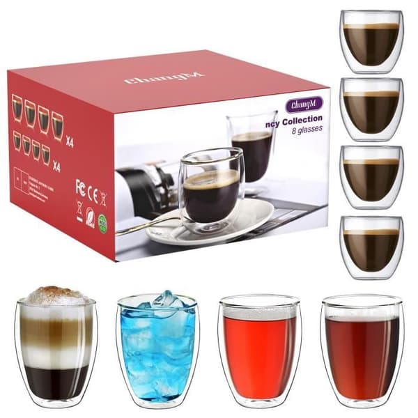 Kaffe/espressokopp - CHANGM - Set med 8 - Borosilikatglas - 4x80ml + 4x250ml - Isolerad