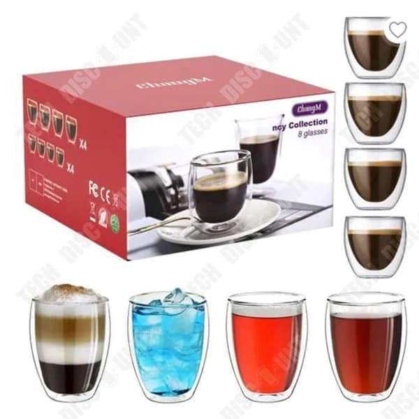 TD® Glass Double Wall Espressotassen 8 set, 4X80ml +4x250ML. Används till Cappuccino Espresso Tassen, Kaffekoppsservis