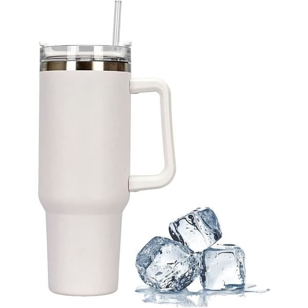 Isolermugg, 40 OZ termoskopp för varm och kall dryck, Återanvändbara dricksglas, med handtag och sugrör, för sport och resor (Vit)