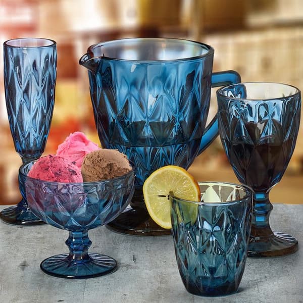 Relaxdays 7-delarsset med glas, kanna, glasskål, 2 muggar för vatten och vin, diskmaskinssäkra koppar, blå