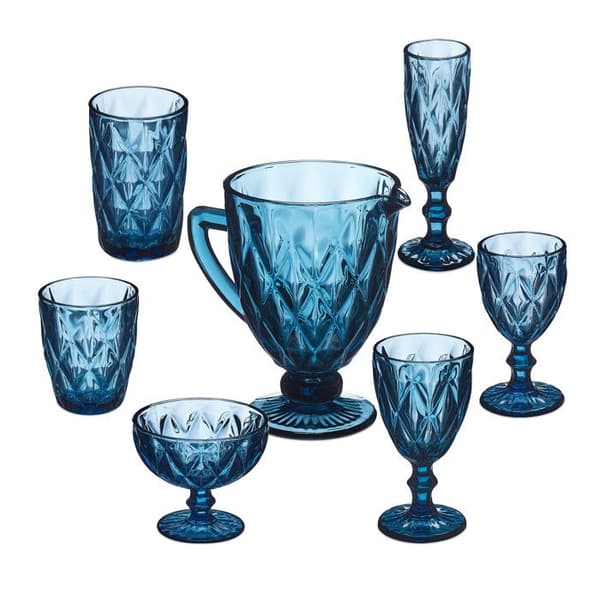 Relaxdays 7-delarsset med glas, kanna, glasskål, 2 muggar för vatten och vin, diskmaskinssäkra koppar, blå