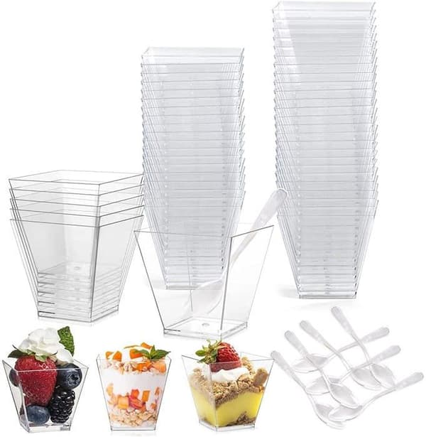 Piqiuqiu - a - Set med 50 dessertmuggar med 50 skedar, 60 ML dessertskålar, plastdessertmuggar, återanvändbara