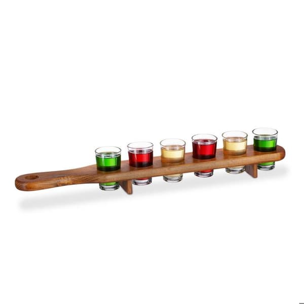 Relaxdays Shotbräda i trä, 6 glas, praktisk platta, en halv meter, fantastisk presentidé, fat, brun