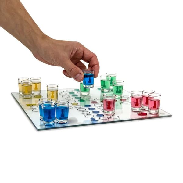 Relaxdays Alkoholspel Ludo för vuxna, för att dricka, 2 tärningar och 16 shotglas, roligt, färgglatt