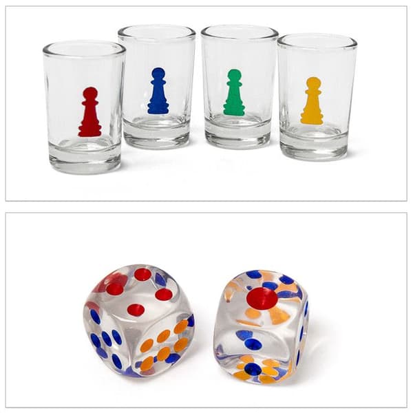 Relaxdays Alkoholspel Ludo för vuxna, för att dricka, 2 tärningar och 16 shotglas, roligt, färgglatt