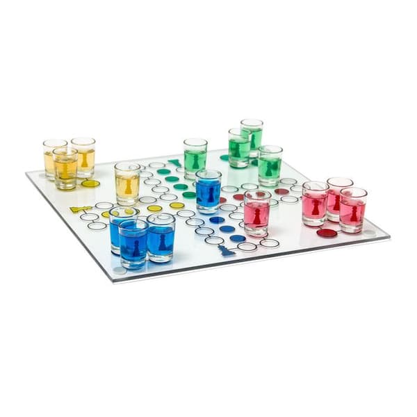 Relaxdays Alkoholspel Ludo för vuxna, för att dricka, 2 tärningar och 16 shotglas, roligt, färgglatt