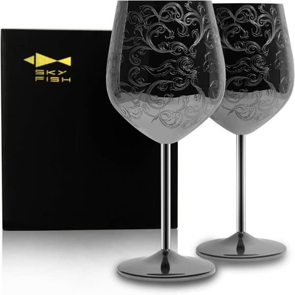 Sky fish - 2430 - Rödvinsglas Set med 2 glas med stammar i rostfritt stål, 500 ml (svart tallrik.