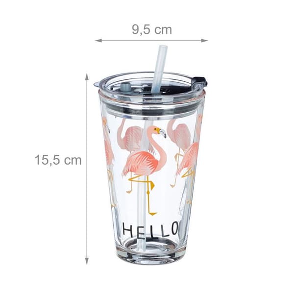 Relaxdays Glas med sugrör och lock, set om 4, mönster med flamingo, 450 ml, diskmaskinssäkra, transparenta