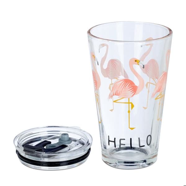 Relaxdays Glas med sugrör och lock, set om 4, mönster med flamingo, 450 ml, diskmaskinssäkra, transparenta
